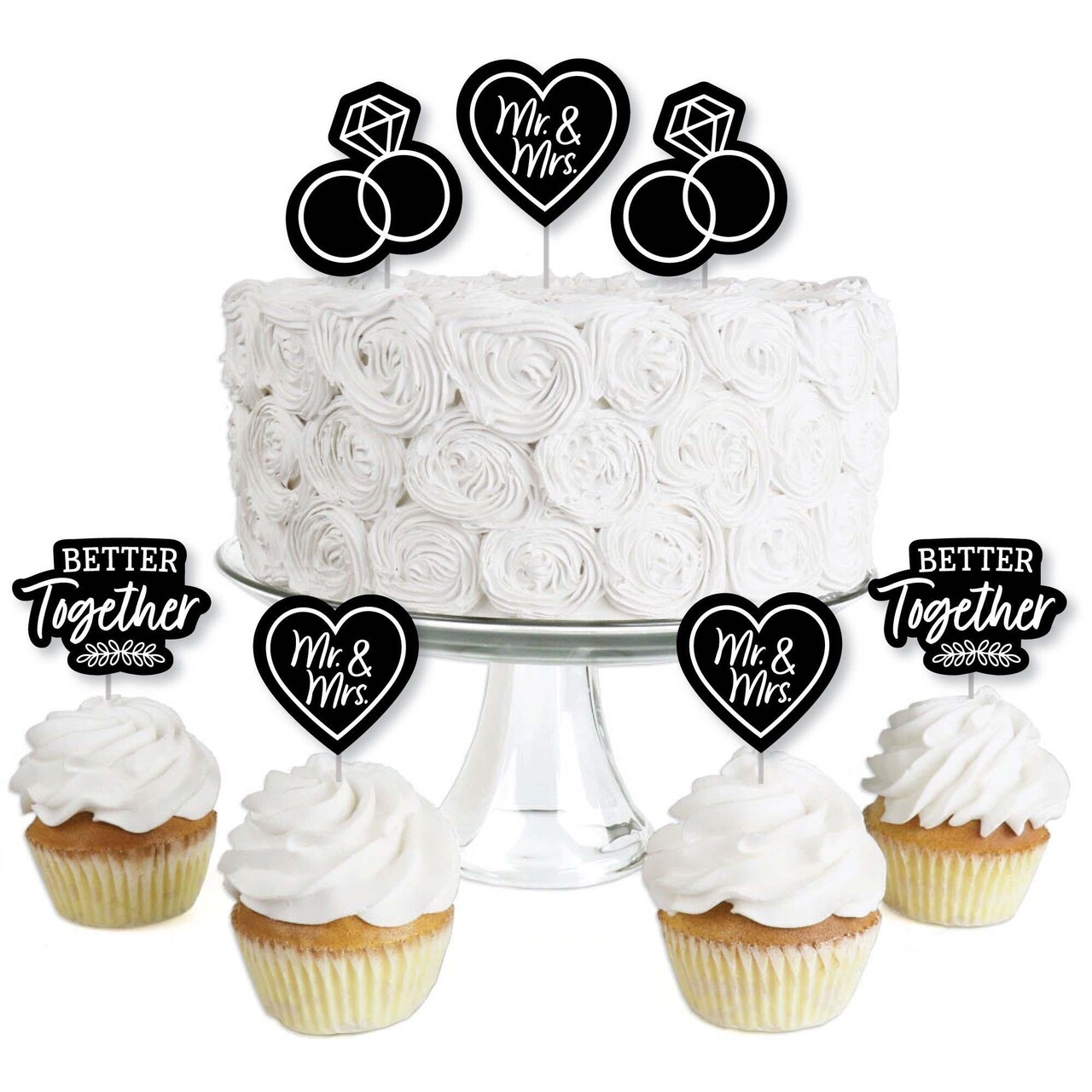 Big Dot of Happiness Mr. and Mrs. - Dessert Cupcake Toppers - Black and White Wedding or Bridal Shower Clear Treat Picks - Set of 24